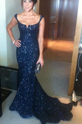 Fabulous Blue Sequined Mermaid Straps Long Prom Dresses with Sweep Train